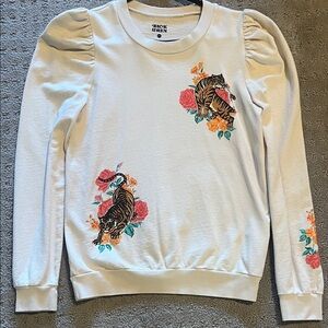 Anthropologie Back When White Sweatshirt with Tiger and Floral Design